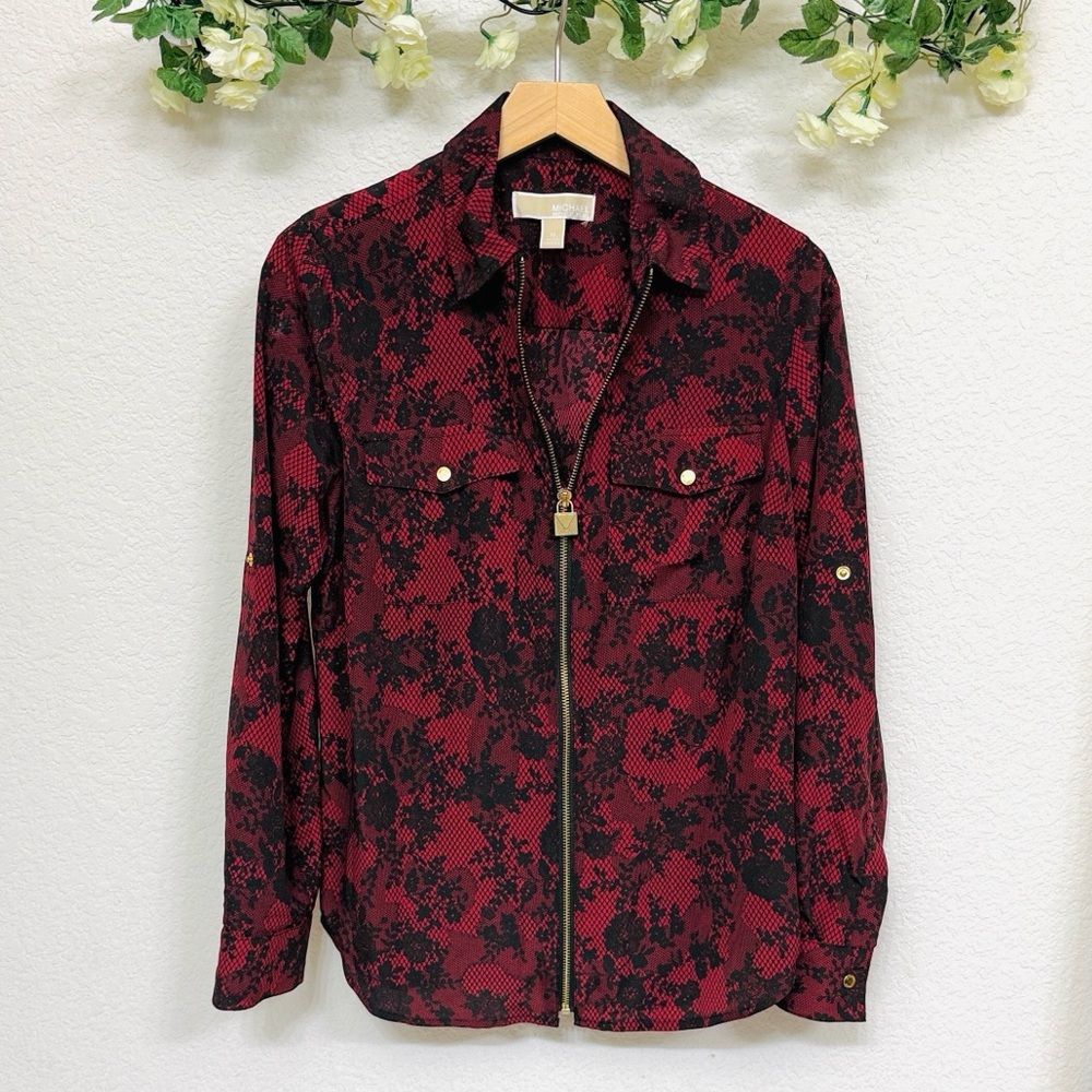 MICHAEL Michael Kors • Red Black Lace Print Zip Front Utility Blouse